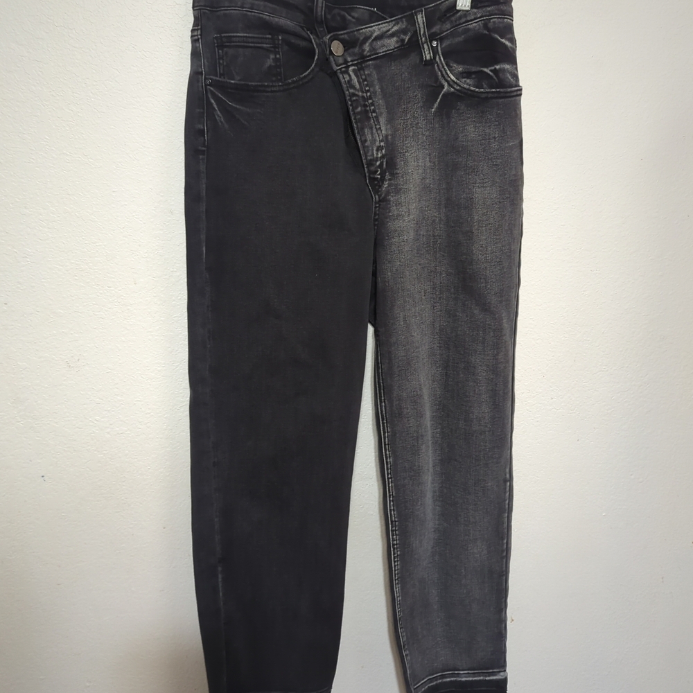 Two-Tone Black Risen Jeans Size 7/28 Tapered Fringe Hem Side Zipper Grunge Look
